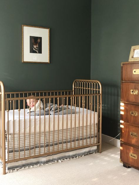 Dark green boys nursery with gold crib. #nurserydecor #nurseryideas #nurseryideasboy #boynursery #babyboyrooms #nurseryinspiration Preppy Baby Boy, Green Nursery Boy, Gold Crib, Preppy Baby, Baby Boy Room Nursery, Green Nursery, Kiosk Design, Green Paint Colors, Baby Room Design