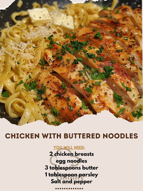 🍜🐔 Comfort food at its best! Try our Chicken with Buttered Noodles for a simple yet satisfying meal. #ComfortFood #ChickenDinner 🍽️ Chicken with Buttered Noodles 🛒 Ingredients: 2 chicken breasts 300 grams egg noodles 3 tablespoons butter 1 tablespoon parsley, chopped Salt and pepper to taste Grated Parmesan (optional) 👩‍🍳 Instructions: Cook Chicken: Season chicken and pan-fry until golden and cooked through; slice. Noodles: Cook noodles according to package instructions, drain, and toss w... Buttered Noodles Recipe, Chicken Season, Chicken And Egg Noodles, Egg Noodle Recipes, Season Chicken, Chicken Tenderloin, Pan Fry, Buttered Noodles, Cook Chicken