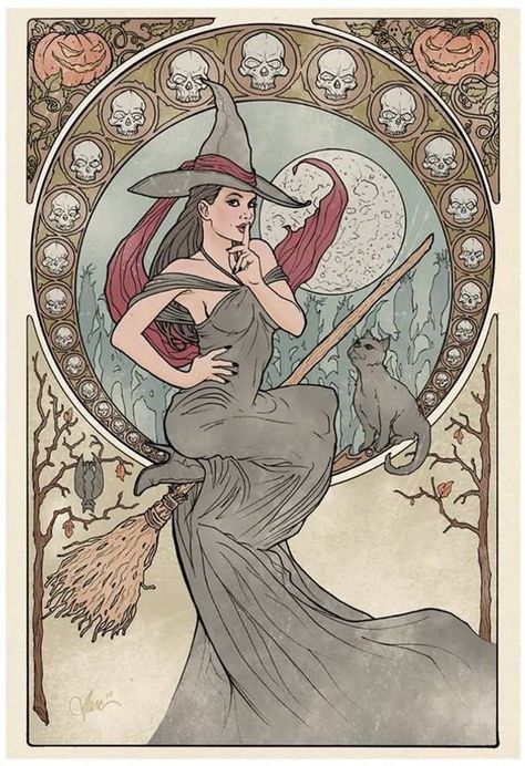 Witch with her familiar, a sweet black cat, in art nouveau style. Our reproduction is true to original vintage colors.  Your print will be made to order, using our professional photo printer, individual inkjet archival quality inks that last for a lifetime with proper care, on Mucha Art, Tattoo Cat, Cat Vintage, Trendy Tattoo, Fantasy Magic, A Broom, Season Of The Witch, Witch Art, Witch Aesthetic