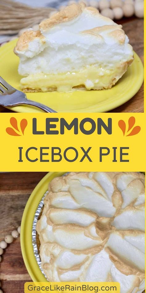 Lemon Icebox Pie with Meringue - Grace Like Rain Blog Icebox Lemon Pie, Easy Lemon Icebox Pie, Stovetop Appetizers, Fluffy Meringue, Lemon Icebox Pie, Meringue Topping, Citrus Desserts, Meringue Pie Recipes, Icebox Pie