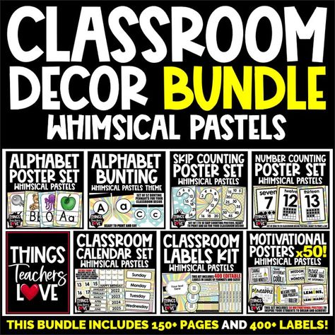 Get ready to position yourself with some Back to School classroom envy with these Whimsical Pastels themed classroom decor products now available in a BUNDLE SET! This bundle will take your elementary classroom from bland to WOW when setting it up for a new school year with products like stacks of motivational posters, labels galore, calendar templates, alphabet posters, bunting pennants, skip counting and ten frames posters. Click here to purchase. Red Classroom Decor, Bee Classroom Decor, Red Classroom, Themed Classroom Decor, Classroom Motivation, Bee Themed Classroom, Back To School Classroom, Bee Classroom, Classroom Decor Bundle