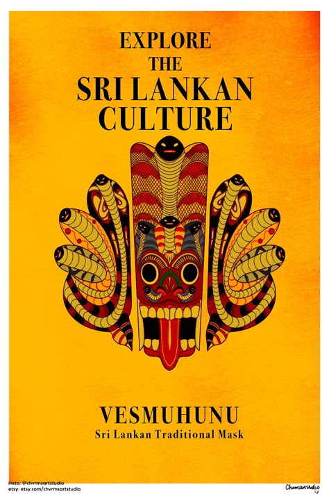 Digital illustration of the traditional sri lankan mask, naga raksha. With the title "Explore the Sri Lankan Culture" on the top. And "Vesmuhunu, Sri Lankan Traditional Mask" in the bottom. Sri Lankan Art, Sri Lanka Art, South Asian Art, Mask Art, Temple Art, Thread Art, Art Diary, Masks Art, South Asian