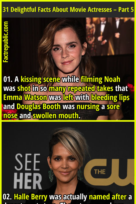 01. A kissing scene while filming Noah was shot in so many repeated takes that Emma Watson was left with bleeding lips and Douglas Booth was nursing a sore nose and swollen mouth. Swollen Lips After Kiss, Swollen Lips, Star Wars Movies In Order, Movie Facts You Probably Didn't Know, Kissing Scene, Old Hollywood Movie Bloopers, Indiana Jones Films, Movie Trivia, Inspirational Smile Quotes