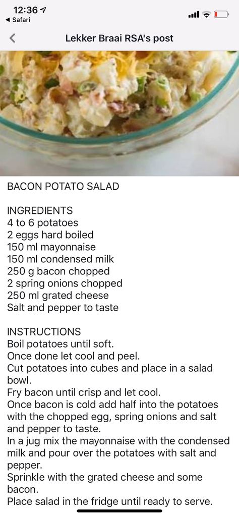 Salad Recipes South Africa, South African Salad Recipes, Milktart Recipe, Koeksisters Recipe, Maklike Resepte, Salad Recipes Healthy Lunch, Coleslaw Salad, Bacon Potato Salad, Bacon Potato