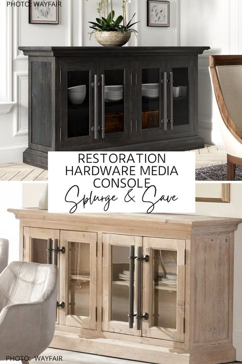 OMG this Restoration Hardware English Brass Bar Pull media unit dupe is everything! If you love furniture that looks like Restoration Hardware, you've got to see this TV stand copycat! It will give you the Restoration Hardware living room that you've always dreamed AND give you storage. #inspiration #copycat #knockoff #decor Restoration Hardware Media Console, Pottery Barn Media Console, Restoration Hardware Cloud Sofa, Restoration Hardware Living Room, Restoration Hardware Dining Room, Restoration Hardware Cloud, Restoration Hardware Look, Restoration Hardware Table, Restoration Hardware Furniture