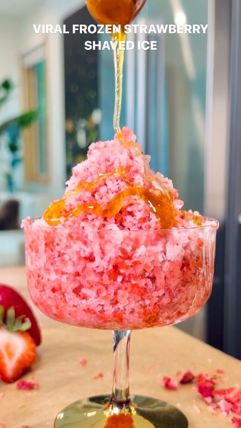 Delicious frozen strawberry shaved ice! So easy & worth trying -- a simple, refreshing, and delicious treat on a hot summer day 🍧  #viralrecipe #trendingrecipe #frozenstrawberryshavedice #dairyfreerecipes #dairyfreefrozendessert #simplerecipeidea #easyrecipe #eattolive #dairyfreefrozendessert Strawberries Ice Cream, Gelato Recipe, Spicy Cocktail, Frozen Strawberry, Delicious Drink Recipes, Delicious Drinks, Trending Recipes, Shaved Ice, Eat To Live