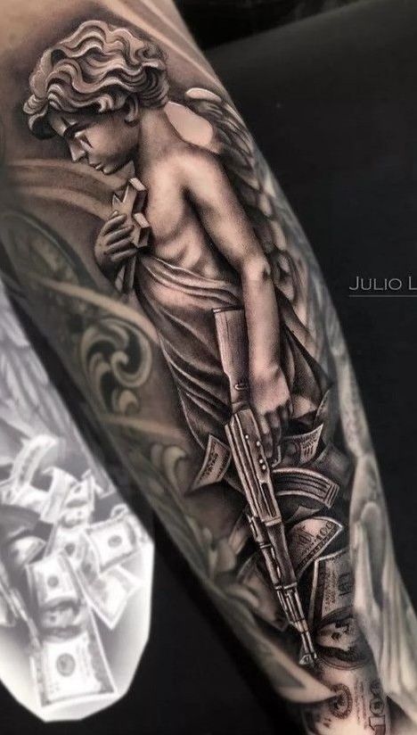 Angle Tattoo For Men, Eagle Tattoo Forearm, Angle Tattoo, Full Neck Tattoos, Jesus Tattoo Design, Painless Tattoo, Chicano Tattoos Sleeve, Money Tattoo, Chicano Style Tattoo