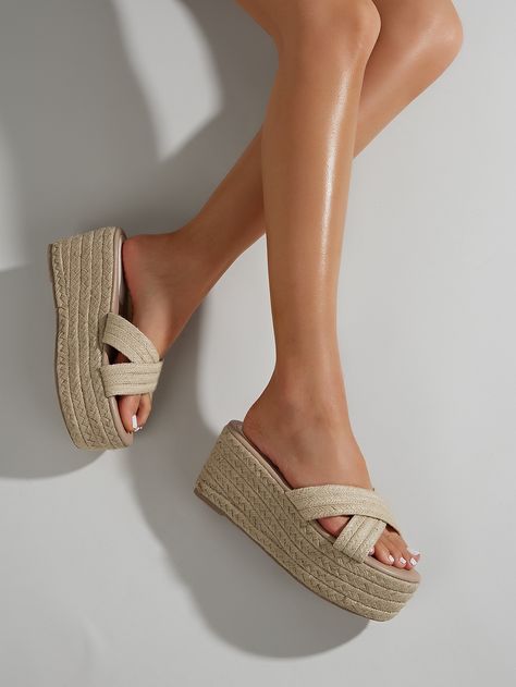 Apricot Vacation    Plain Wedges Slide Sandals Embellished   Women Shoes Shoes Photoshoot, Straw Sandals, Wedge Slides, Espadrilles Sandals, Chunky Platform Sandals, Platform Espadrille Sandals, Fashion Shoes Heels, White Leather Shoes, Platform Espadrilles