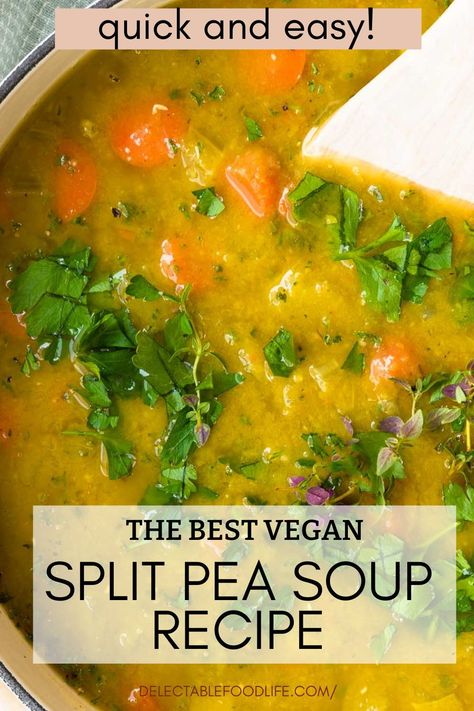 The Best Vegan Split Pea Soup Recipe with lots of veggies and fresh thyme. Easy to make and delicious every time! Soup season is when we eat creamy, healthy soups like split pea soup! In this recipe, split peas, carrots, celery, leeks, garlic, and fresh herbs are simmered to perfection. Split Pea Soup No Meat, Split Pea Soup Recipe Vegetarian, Split Pea Soup Vegetarian, Peas Soup Recipe, Vegan Split Pea, Vegetarian Split Pea Soup, Green Peas Recipes, Vegan Split Pea Soup, Yellow Split Pea Soup