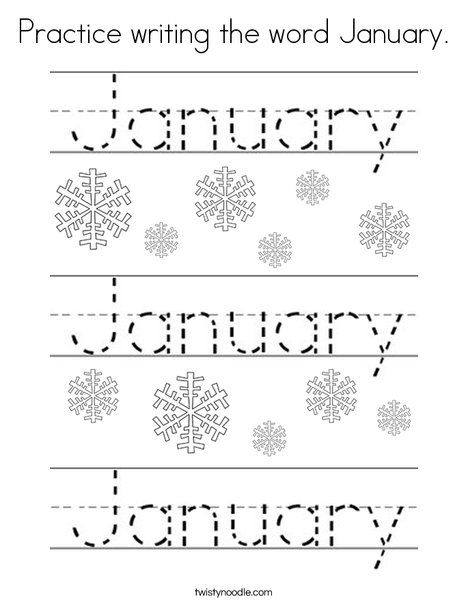 Practice writing the word January Coloring Page - Twisty Noodle Letter Writing Activities For Preschool, January Worksheets, Preschool January, Christmas Homeschool, January Writing, Kinder Worksheets, Twisty Noodle, Homeschool Preschool Activities, Homeschool Worksheets