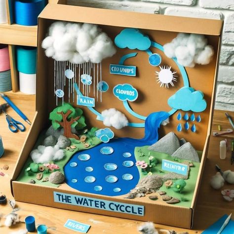 Watercycle Kids Project Model, Water Cycle Model Projects, Water Cycle Project Models, Supw Project, Geography Model, Water Cycle Craft, Water Cycle Model, Water Cycle Project, Continents Activities