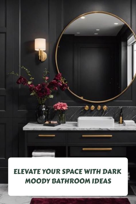 Elegant black bathroom with a round mirror, marble countertop, and gold accents. Dark And Gold Bathroom, Black Marble Shower Bathroom, Luxe Bathroom Ideas, Dark Cloakroom, Dark Ensuite Bathroom Ideas, Dark And Moody Powder Room, Moody Primary Bathroom, Dramatic Powder Room Ideas, Small Powder Room Design Modern