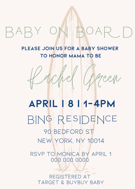 Baby On Board Invitation, Baby On Board Baby Shower Ideas, Surf Baby, Summer Invitation, Shower Balloons, Baby On Board, Buybuy Baby, Beach Surf, Baby Shower Invite