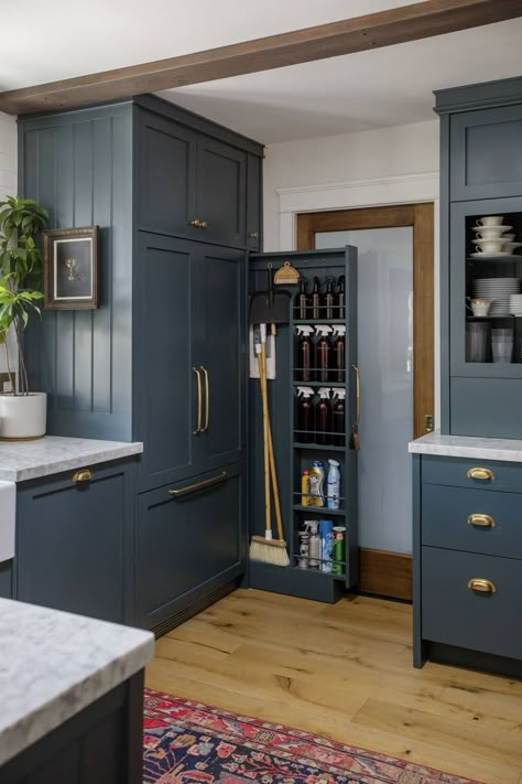 Narrow Refrigerator Cabinet, Kitchen Pantry Broom Closet, Custom Cabinet Pantry, Broom Storage In Kitchen, 2nd Fridge In Pantry, Renovation Ideas For Small Homes, Storage Around Stackable Washer Dryer, Deep Cabinet Over Fridge, Clever Kitchen Design Ideas