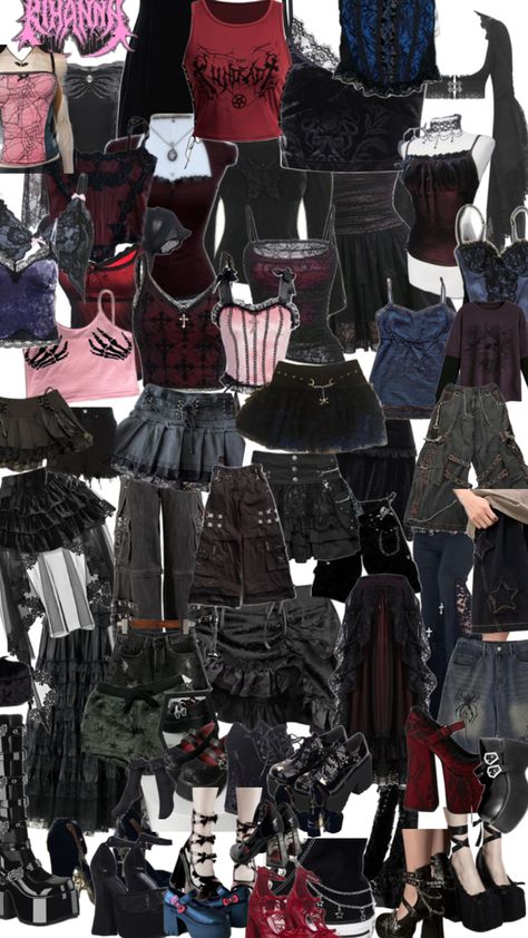 #goth #clothes #asthetic Goth Rockstar Outfits, Goth Asthetics Outfit, Alternative School Outfits, Downtown Goth, Goth Outfits For School, Goth Essentials, Alt Goth Outfits, Romantic Goth Outfits, Shifting Outfits