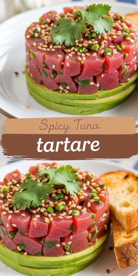 Make this spicy, zesty Tuna Tartare at home! Fresh tuna, creamy avocado, and a kick of spice—perfect for a light yet satisfying meal. Tuna Tower Recipe, Spicy Tuna Tartare Recipe, Tuna Tartare Avocado, Spicy Tuna Recipe, Fresh Tuna Recipes, Tuna Tartare Recipe, Tartare Recipe, Sushi Grade Tuna, Tuna Recipe