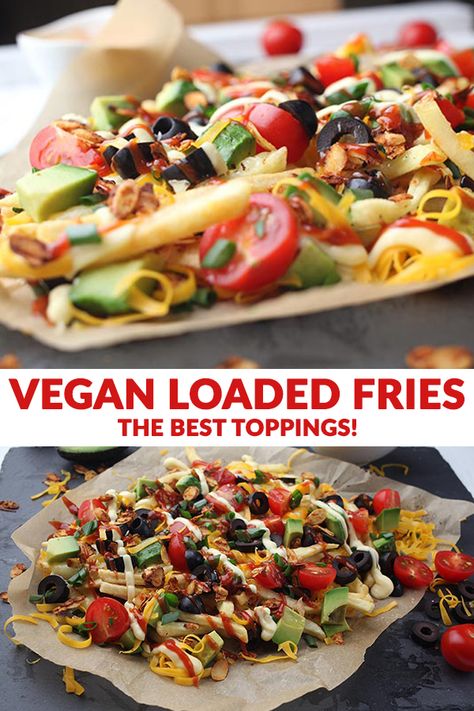 Satisfy your biggest hunger with a portion of healthy, vegan loaded fries for lunch or dinner and get inspiration for the best toppings! Recipes Vegetarian Easy, Loaded Fries Recipe, Spicy Almonds, Easy Vegetarian Recipes, Clean Eating Vegan, Vegan Fries, Spicy Cheese, Loaded Fries, Low Carb Vegetarian Recipes