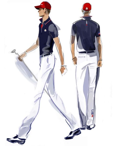 U.S. Ryder Cup Uniforms: United We Stand | GolfThreads Golf Uniform, Polo T Shirt Design, Fashion Sketches Men, Fashion Sketchbook Inspiration, Fashion Figure Drawing, Mens Fashion Illustration, Fashion Design Sketch, Ryder Cup, United We Stand