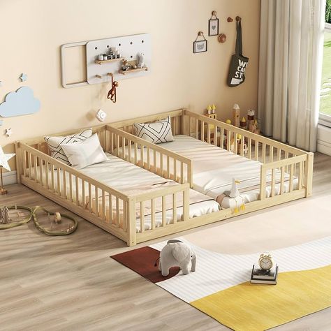 Amazon.com: Luckiofvonne Floor Bed for 2 Kids, Montessori Bed Frame with Fence Railings, Wooden Double Twin Bed for Two Boys Girls, Box Spring Needed, White : Home & Kitchen Double Floor Bed, Twin Toddler Room, Double Twin Bed, Sleepy Monkey, Toddler Shared Room, Baby And Toddler Shared Room, Sharing Bedroom, Double Twin Beds, Twin Floor Bed