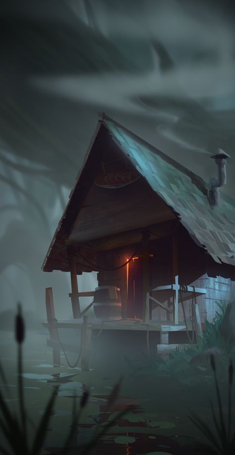 ArtStation - Swamp cabin Swamp Cabin Art, Cabin In The Woods Creepy, Creepy Cabin In The Woods, Creepy Swamp, Swamp Cabin, Swamp Hut, Creepy Cabin, Swamp House, Swamp Witch