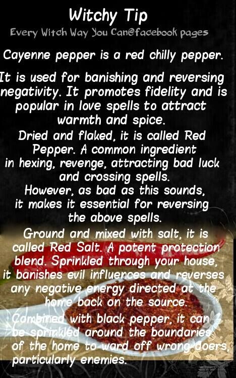 Magickal uses for Cayenne pepper. Every Witch Way, Hoodoo Spells, Witch Tips, Magickal Herbs, Witchy Tips, Witch Herbs, Witchcraft Spells, Wiccan Magic, Magic Herbs