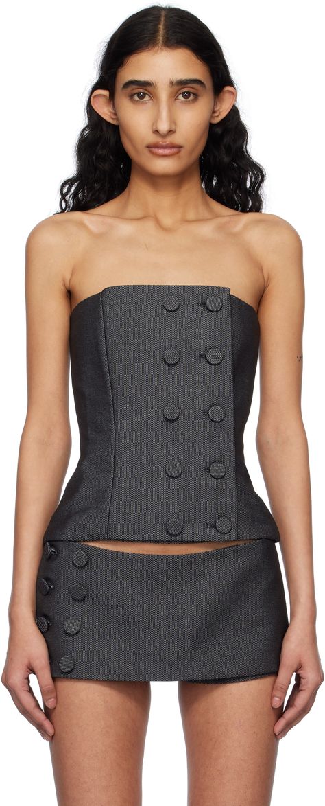 Stretch polyester-blend twill corset-style top. Boning throughout. · Paneled construction · Straight neck · Concealed underwire at cups · Double-breasted button detailing at front · Zip closure at back · Full satin lining Supplier color: Grey Button Corset, Corset Style Tops, Brands Fashion, Starling, Corset Style, Corset Top, Double Breasted, Apparel Accessories, Fashion Accessories