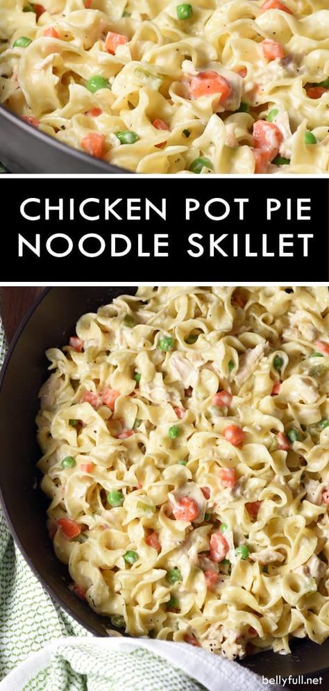 This Chicken Pot Pie Noodle Skillet is classic chicken pot pie transformed into a skillet dish with noodles instead of a crust. Easy delicious weeknight meal! #chickenpotpie #chickenpotpieskillet #chickenpotpienoodleskillet #potpie #skillet #recipe Chicken Pot Pie Noodle Skillet, Classic Chicken Pot Pie, Chicken Skillet, Skillet Recipes, Think Food, Skillet Chicken, Idee Pasto Sano, Chicken Pot, Chicken Pot Pie