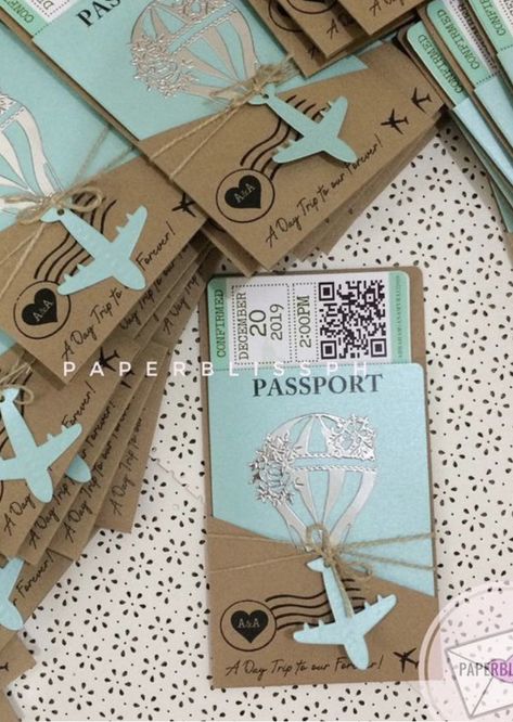 Around The World Invitations, Travel Birthday Invitation, Traveling Theme Party Ideas, Travel Invitation Ideas, Wedding Travel Invitation, Travel Birthday Party Theme, Passport Invitations Wedding, Adventure Wedding Theme, Travel Wedding Theme