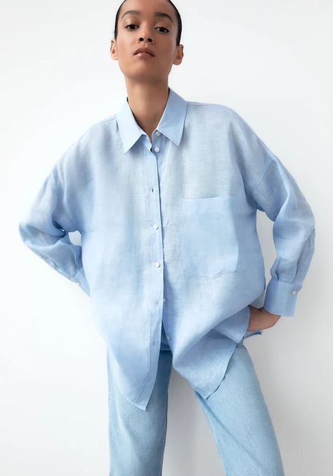 27 Light Blue Pieces We Love | SheerLuxe Linen Shirt Outfit, Blue Linen Shirt, Pocket Blouse, Shirt With Pocket, Blouse Sale, Clothing Details, Loose Outfit, Simple Shirts, Collars For Women