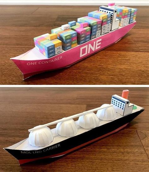 PAPERMAU: Easy-To-Build Cargo Ship Papercrafts For Kids - by Mitsui O.S.K. Lines Ship Papercraft, Ship Model Diy, Lng Carrier, Fleet Of Ships, Airplane Crafts, Ship Craft, Cargo Ship, Origami Box, Paper Model