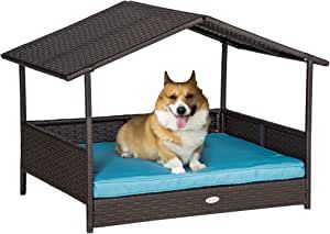 Amazon.com : PawHut Wicker Dog House Elevated Raised Rattan Bed for Indoor/Outdoor with Removable Cushion Lounge, Blue : Pet Supplies Dog Bed With Canopy, Dog House Outdoor, Wicker Dog Bed, Bed With Canopy, Raised Dog Beds, Modern Cat Bed, Outdoor Dog House, Outdoor Dog Bed, Rattan Bed