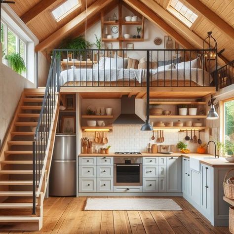 Tiny Home Ideas - What are your top priorities when... Tiny Home With Library, Quirky House Ideas, Large Tiny Homes, Tiny Home A Frame, Loft Space, Cozy Tiny Home, Tiny Homes Interior, Mountain House Interior, Tiny Loft