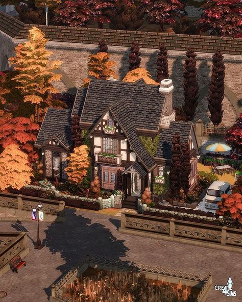 Sims 4 Seasons House, Sims 4 Fall House, Sims 4 Tudor House, Sims Tudor House, Autumn House Sims 4, Sims Fall House, Witchy Cottage Sims 4, Sims 4 Seasons, Sims 4 Family