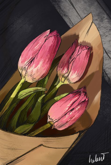 Tulip Flower Drawing, Tulip Drawing, Flowers Tulips, Drawing Flowers, Flower Sketches, Tulips Flowers, Digital Art Tutorial, Funky Art, Drawing Techniques