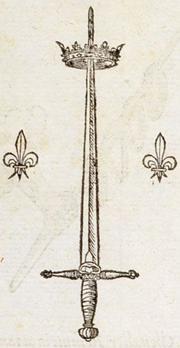 Consilio firmata Dei. (It is established by God’s decree.) - Claude Paradin: Devises heroïques (1557) - "L’espee couronnee, ensemble des fleurs de Liz, reluisans jadis en l’enseigne de la Pucelle d’Orleans, [Jeanne d'Arc] est un perpetuel moniment de la defense & proteccion de  France." Claude Paradin, French Emblems, Woodcut Tattoo, Woodcut Illustration, Medieval Tattoo, Medieval Drawings, Medieval Artwork, Jeanne D'arc, Esoteric Art