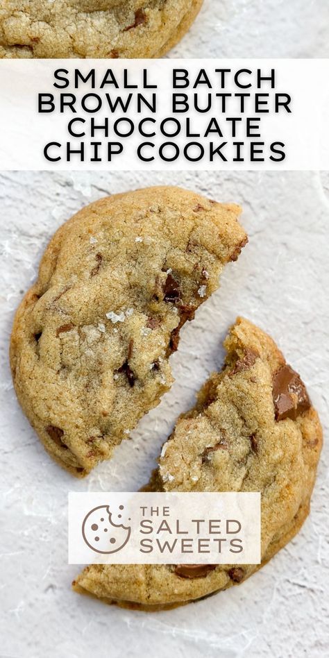 These small batch brown butter chocolate chip cookies makes 6 chewy cookies with a slightly crispy edge. They're buttery, sweet and loaded with chocolate. Brown Butter Cookies Chocolate Chip Small Batch, Salted Brown Butter Chocolate Chip, Small Batch Brown Butter Chocolate Chip Cookies, Chocolate Chip Cookie Small Batch, Brown Butter Sea Salt Chocolate Chip, Chewy Brown Butter Chocolate Chip Cookie, Small Batch Brown Butter Cookies, Small Batch Chewy Chocolate Chip Cookies, Easy Brown Butter Chocolate Chip Cookies