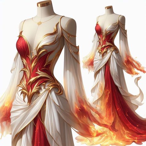 Fire Dress Design, Fantasy Gown Art, Fantasy Dress Concept Art, Fire Goddess Costume, Fire Dress Gowns, Fire Gown, Fire Character Design, Fantasy Dress Art, Asgardian Dress