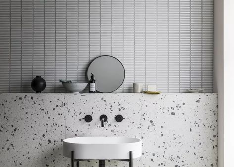 Kitchen Feature Wall, Terrazzo Bathroom, Mandarin Stone, Interior Design Per La Casa, Tile Trends, Porcelain Mosaic Tile, Bathroom Design Decor, Bathroom Trends, Bathroom Wall Tile