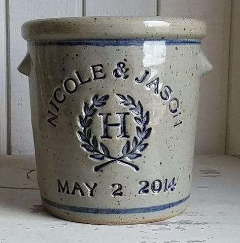 Personalized Stoneware Crock (CR) Primary picture shown with Monogram logo. This is our most functional piece. Its ideal for everything from chilling champagne, as a planter in which to grow flowers, as an ice bucket...with a Christmas decoration, its great for a large poinsetta too. Couples Pottery, Crock Planter, Pottery Gift Ideas, Tree Of Life Logo, Old Crock, Vintage Stoneware Crocks, Antique Stoneware Crocks, Ceramic Crock, 50 Wedding Anniversary Gifts