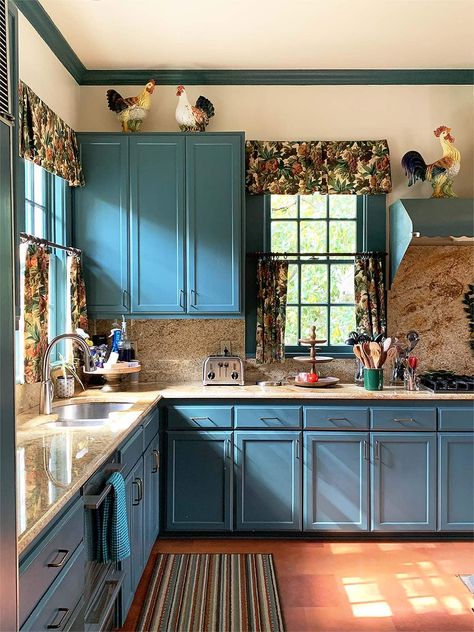 english-style-farmhouse-kitchen-cabinets-in-sherwin-williams-riverway-paint-color-alamo-heights-painter Painting Crown Molding, Kitchen Paint Ideas, Hacienda Style Kitchen, Grey Painted Kitchen, Repainting Kitchen Cabinets, Ceiling Remodel, Home Wet Bar, Trim Paint, Upper Kitchen Cabinets