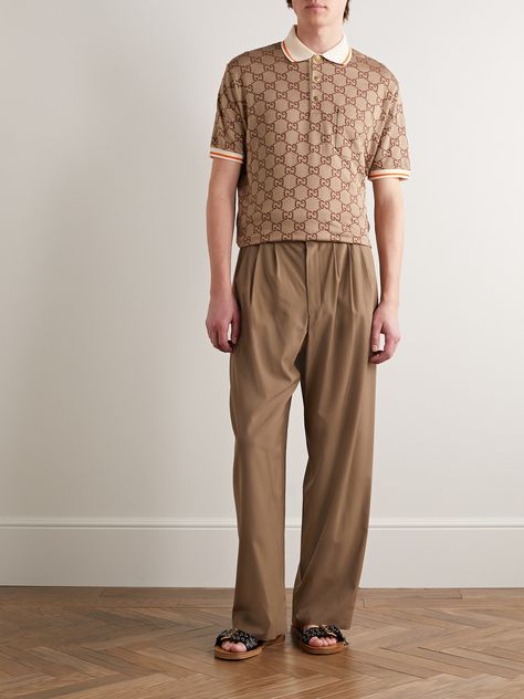 Gucci's polo shirt is jacquard-woven in its 'Maxi GG' motif, a house signature since the 1930s. It's been made in Italy from a soft silk and cotton-blend and fastens with oversized gold-tone buttons. Gucci Men Outfit, Gucci Outfit Men, Gucci Polo Shirt, Gucci Outfit, Gucci Shirt, Man Dressing Style, Gucci Outfits, Beautiful Muslim Women, Gucci Men