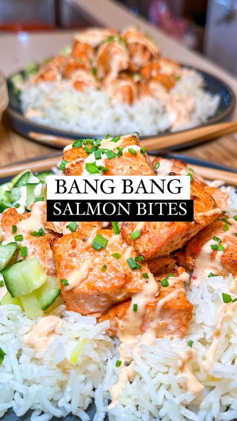 Salmon Squares Air Fryer, Cubed Salmon Recipe, Salmon Cubes Recipe, Bang Bang Salmon Air Fryer, Hawaiian Theme Food, Bang Bang Salmon Bites Air Fryer, Salmon Cubes Air Fryer, Bang Bang Salmon Bites, Salmon Cubes