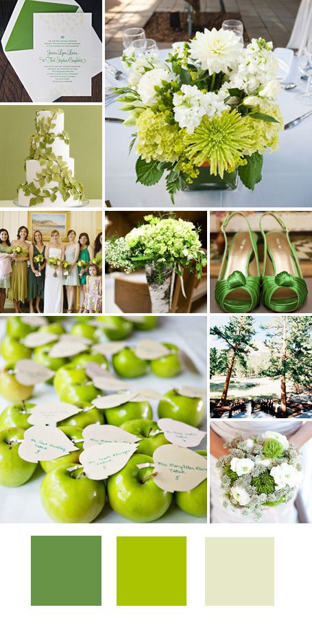 Kelly Green + Lime Green + Cream    Good for: An outdoor spring wedding.    Tips for pull it off: Keep the look clean by using natural shades (no electric green here!). Green Wedding Theme, Choosing Wedding Colors, Color Inspiration Boards, Wedding Color Scheme, Wedding Color Combos, Green Colours, Green Wedding Colors, 2015 Wedding, Theme Nature