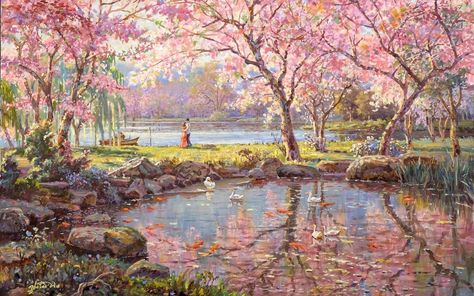 Pretty Backgrounds For Laptop, Dreamy Art Landscape, Pretty Landscapes Photography Horizontal, Cherry Blossom Background Landscape, Cherry Blossom Forest Painting, Cherry Blossom Trees Painting, Spring Scenery Landscapes, Cherry Blossom Oil Painting, Aesthetic Pink Landscape