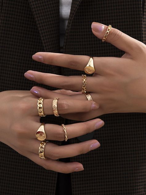 Cheap best Trendy Moon Pattern Ring Set Temperament Metal Hollow Ring Set - NewChic خواتم خطوبة, Rings Set For Women, Hip Hop Vintage, Ring Sets Boho, Moon And Star Ring, Gold Color Ring, Dainty Gold Rings, Gold Rings Stackable, Pattern Ring