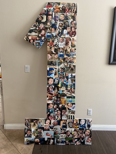 7ft tall #1 for 1st birthday! Number One Photo Collage 1st Birthdays, 1st Birthday Photo Board Ideas, First Birthday Props, Photo Display 1st Birthday, Yearly Birthday Pictures, First Birthday Collage Ideas, Giant 1 For Birthday Diy, 1st Birthday Picture Display, Diy 1st Birthday