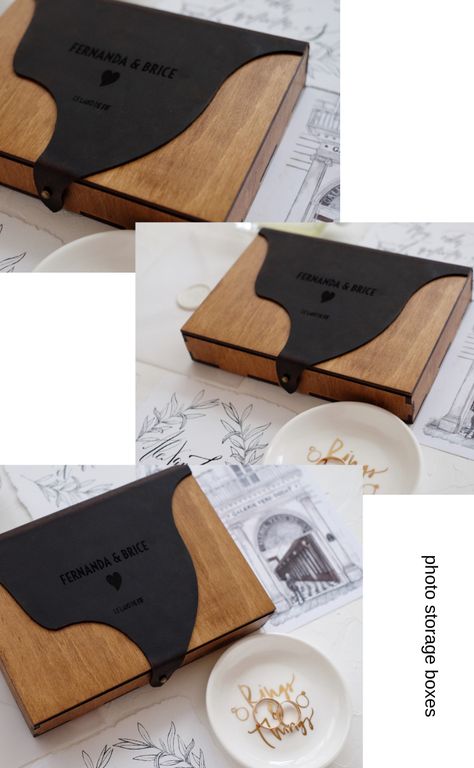 Wooden Gift Box Ideas, Leather Box Design, Wedding Photo Album Cover, Packing Box Design, Leather Packaging, Photo Organizer, Wooden Photo Box, Toy Car Garage, Wooden Box Packaging