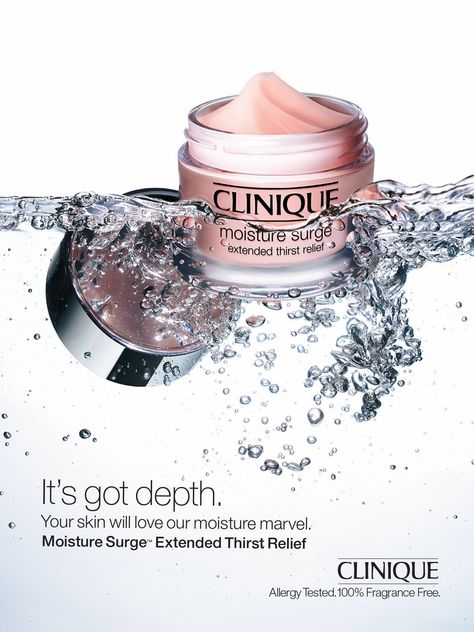 Skin Care Creative Ads, Skincare Advertising, Cosmetics Advertising, Clinique Cosmetics, Clinique Skincare, Moisture Surge, Clinique Moisture Surge, Clinique Moisturizer, Cheap Beauty Products