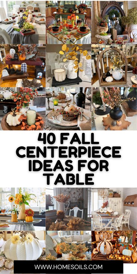 Explore 40 fall centerpiece ideas for your table, including elegant pumpkin arrangements, cozy candle displays, and vibrant autumnal florals. These designs add warmth and seasonal charm to your dining space. Get inspired to create the perfect fall table setting! Fall Centerpiece For Dining Table, Fall Centre Piece Ideas Diy, Fall Centerpieces For Dining Table, Autumn Centerpieces For Table, Simple Fall Centerpieces For Table, Fall Dining Table Centerpiece, Fall Table Decorations Centerpieces, Fall Kitchen Table Decor, Fall Dining Room Table Decor