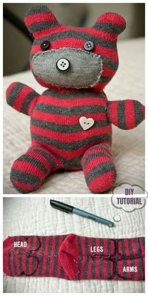 Sock Animals Diy, Teddy Bear Tutorial, Diy Sock Toys, Sock Monster, Fabric Crafts Diy, Sock Doll, Sock Dolls, Sock Toys, Diy Socks